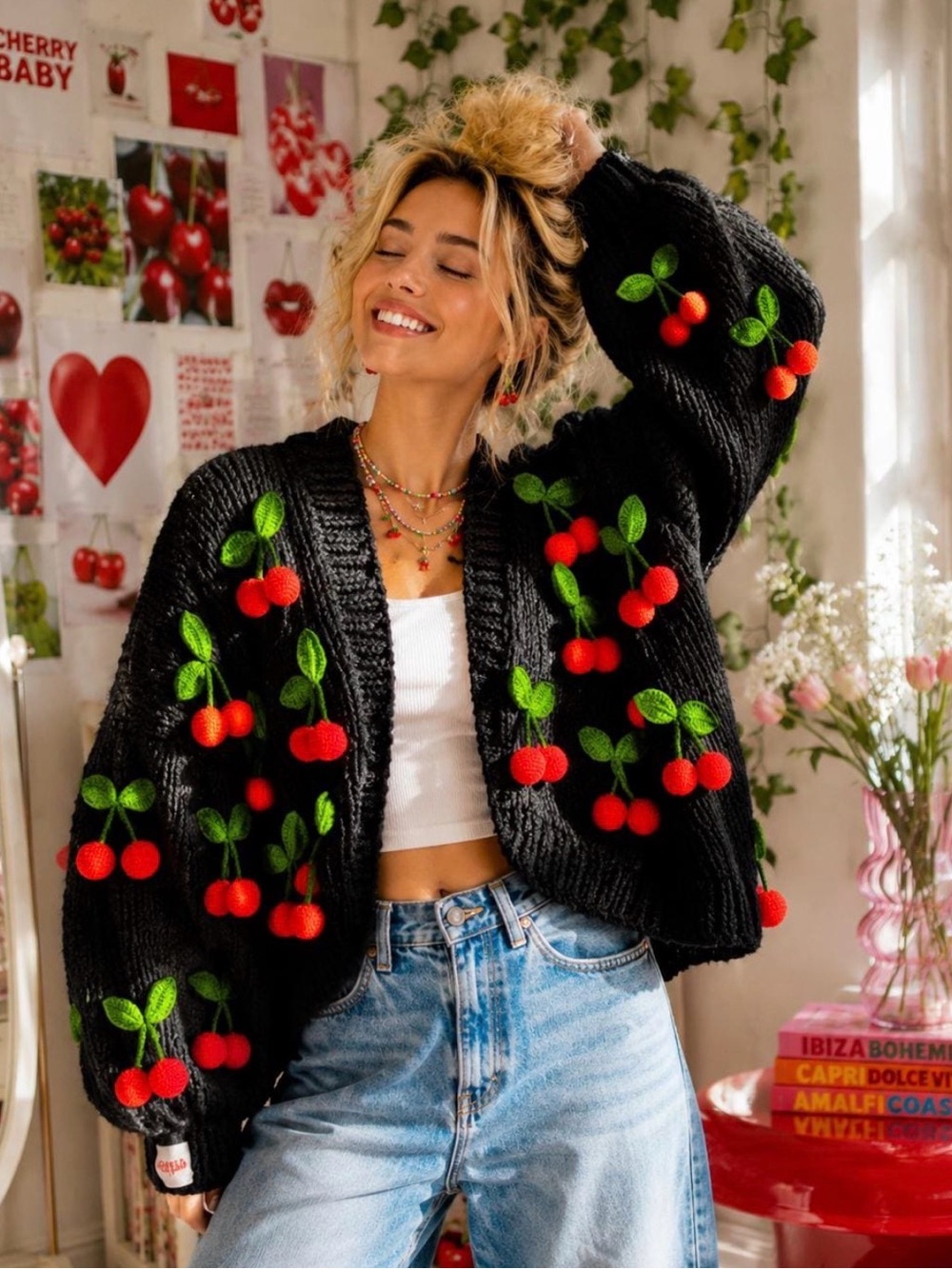 Handmade Cherry Cardigan, Chunky Knit Oversized Sweater